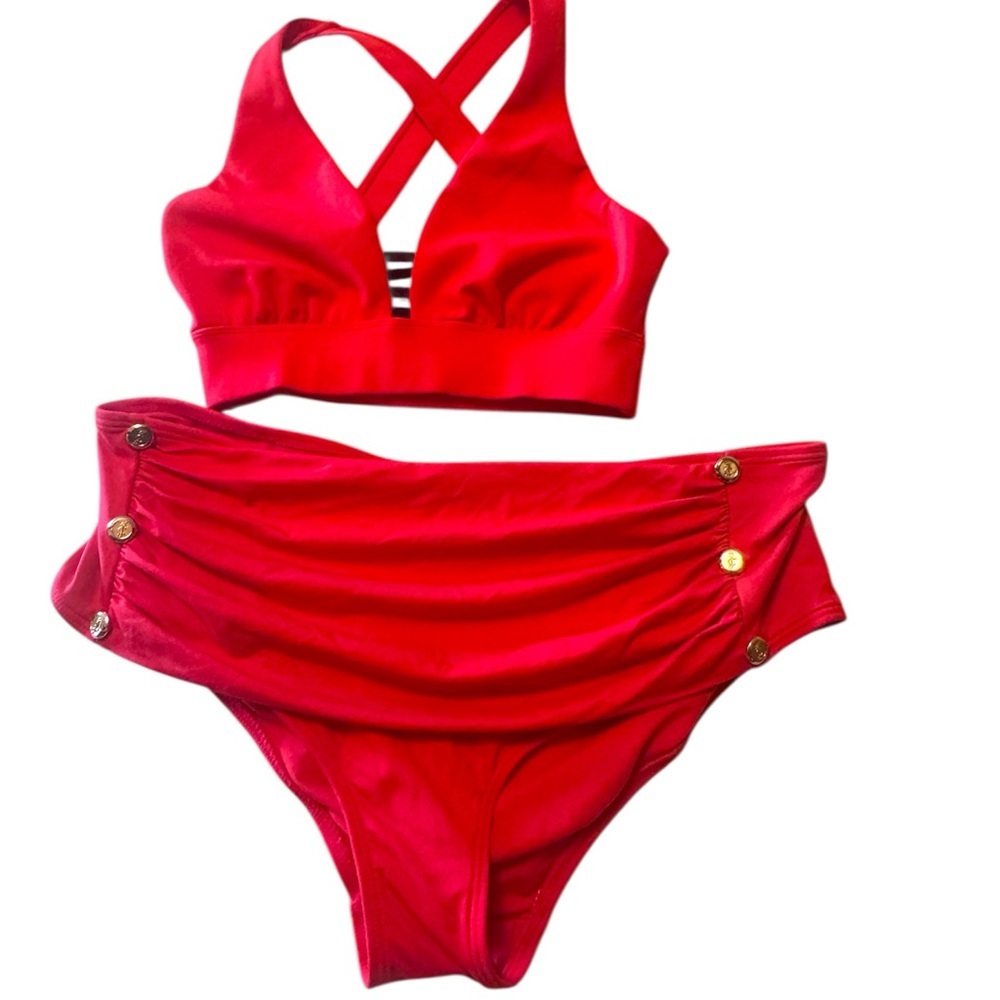 Juicy Couture High Rise Logo Buttons Ruched Bikini Swim Red Swimsuit Top Bra